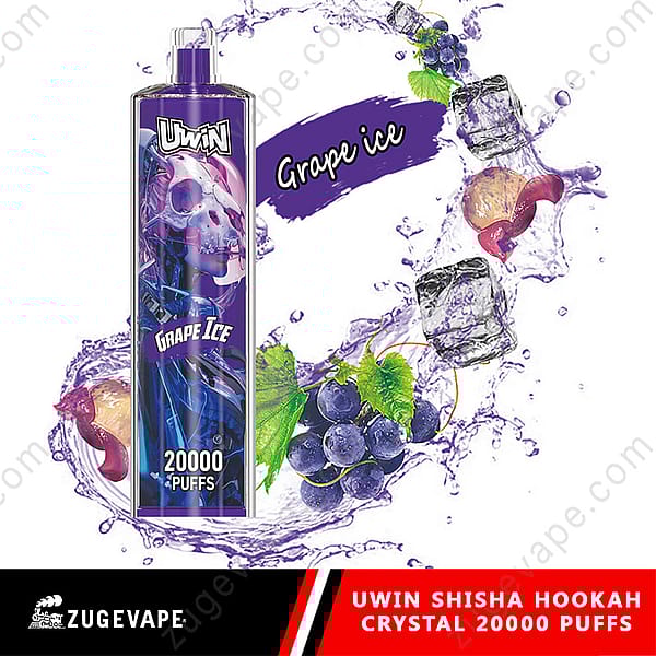 Promotional Image For Uwin Shisha Hookah Crystal Featuring Its Grape Ice Flavor, With A Purple Vape Pen And Imagery Of Grapes, Ice Cubes, And Smoke, Highlighting Its Capacity Of 20,000 Puffs.