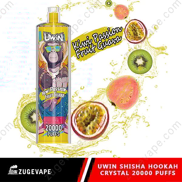 An Image Showcases The Uwin Shisha Hookah Crystal Vaping Device With A Kiwi, Passion Fruit, And Guava Flavor, Featuring Vibrant Fruit Graphics And Labeled With 'Kiwi Passion Fruit Guava' And '20,000 Puffs'; The Background Displays Splashing Juice And Fresh Fruits Creatively Arranged.