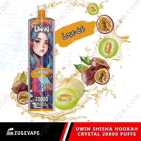 Product Image Of Uwin Shisha Hookah Crystal With Love 66 Flavor, Featuring 20,000 Puffs And Decorated With Illustrations And Fruits Like Melon And Passionfruit.