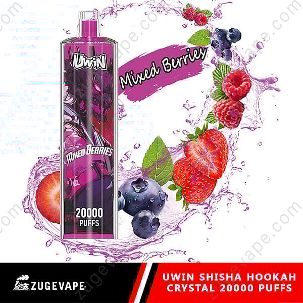 A Colorful Uwin Mixed Berries Vaping Device Featuring Vibrant Fruit Graphics And Labeled As Offering 20,000 Puffs, Surrounded By Artistic Splashes And Images Of Berries Like Strawberries And Raspberries.
