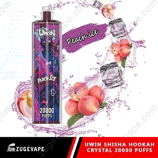 Uwin Shisha Hookah Crystal Vape Featuring Peach Ice Flavor With An Artistic Design, Alongside Splashes, Peaches, And Ice Cubes, Labeled As Offering 20,000 Puffs.