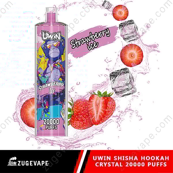 Promotional Image Of Uwin Shisha Hookah Crystal Featuring A Colorful Canister Design Labeled 'Strawberry Ice' With Images Of Strawberries, Ice Cubes, And Pink Liquid Splashes, Advertised As Providing 20,000 Puffs By Zugevape.