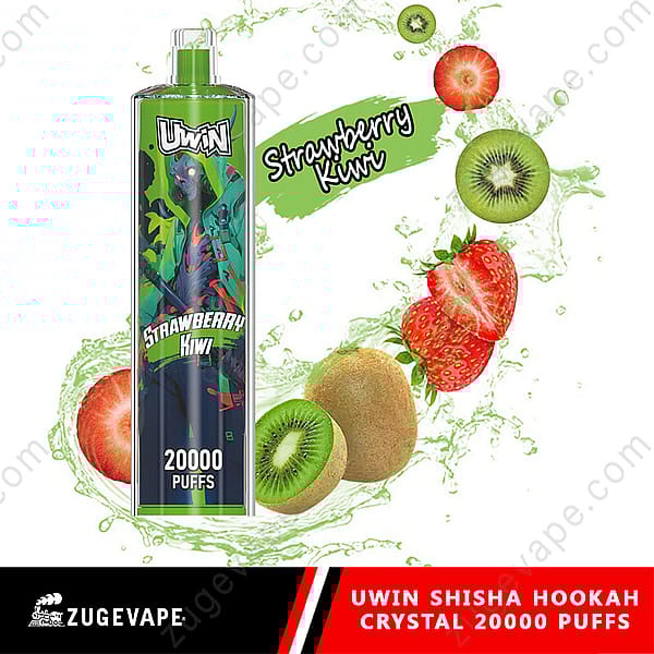 Promotional Image For Uwin Shisha Hookah Featuring A Canister With A Strawberry Kiwi Flavor, Boasting 20,000 Puffs, Surrounded By Images Of Strawberries And Kiwis.