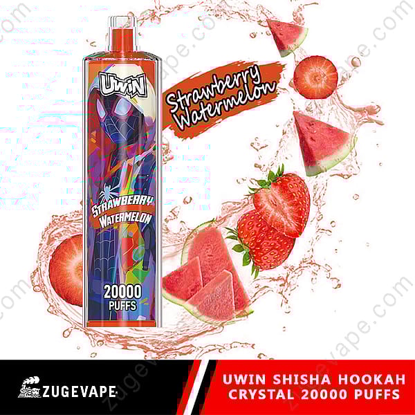 A Uwin Shisha Hookah Vape Featuring A Strawberry Watermelon Flavor, With An Image Of A Brightly Colored Bottle And Fruit Decorations, Advertising 20,000 Puffs.