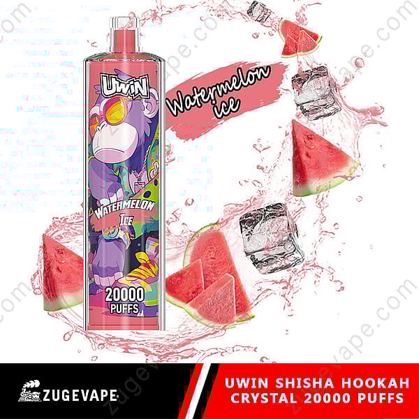 Uwin Watermelon Ice Shisha Hookah With 20,000 Puffs Features Vibrant Packaging Depicting A Cartoon Purple Ape Wearing Sunglasses, Surrounded By Splashing Water With Watermelon Slices And Ice Cubes.