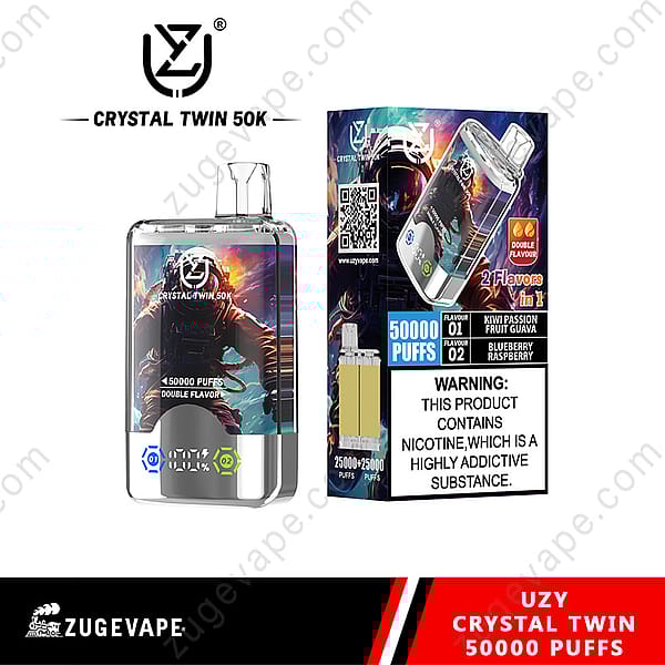 Product Featuring The Uzy Crystal Twin 50K Vape, Highlighting 50,000 Puffs And Double Flavors, With Packaging Displaying Flavor Options And A Nicotine Warning.