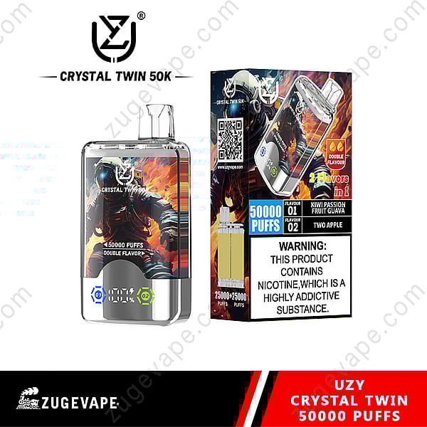 Uzy Crystal Twin 50K Disposable Vape Device Displayed Next To Its Packaging, Featuring 50,000 Puffs, Dual Flavors, And A Warning About Nicotine Addiction.