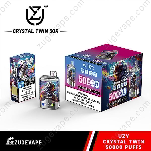 Promotional Image Showcasing The Uzy Crystal Twin 50K Vaping Product, Highlighting Its 50,000 Puffs Capability With Red Bull Flavor Packaging And Usage Warnings Displayed.