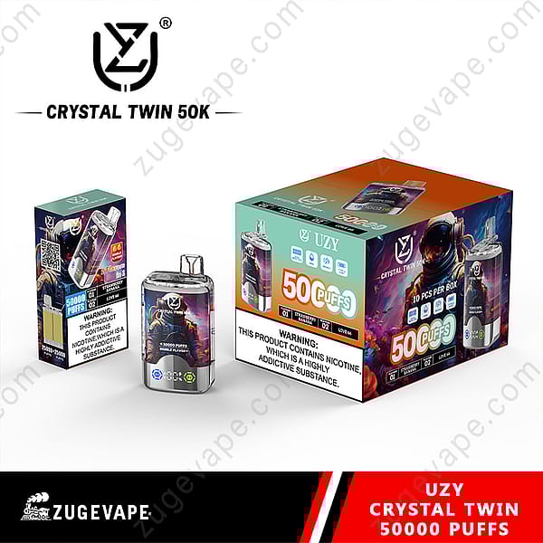Promotional Image For The Uzy Crystal Twin 50K Vape Featuring The Device, Its Packaging, And A Large Box Indicating 50,000 Puffs Capacity, Along With A Nicotine Warning Label.