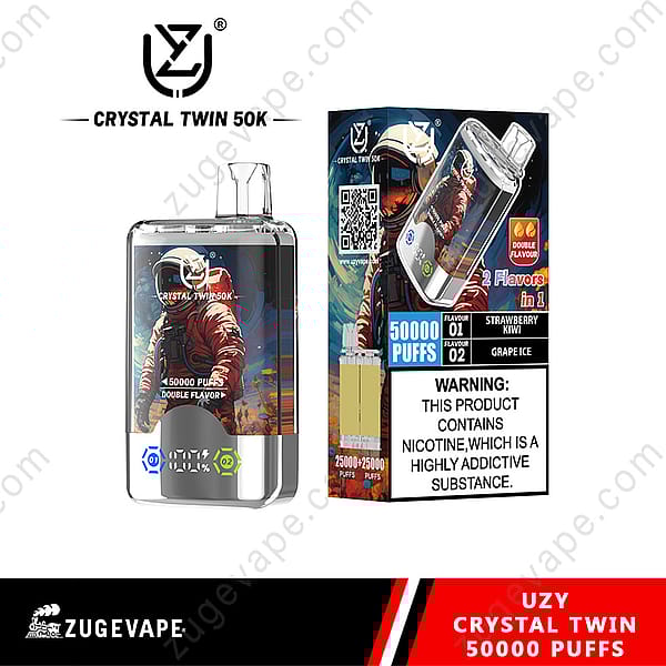 Product Image Showing The Uzy Crystal Twin 50K Vape With Double Flavor Options, 50000 Puffs Capacity, And Warning For Nicotine Content.