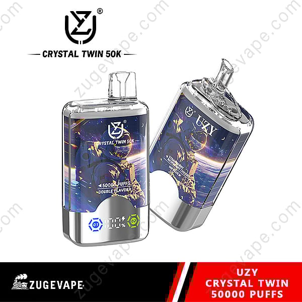 Two Uzy Crystal Twin 50K Vape Devices Featuring Double Flavor Options And 50,000 Puffs, With An Astronaut-Themed Design Against A Cosmic Background.