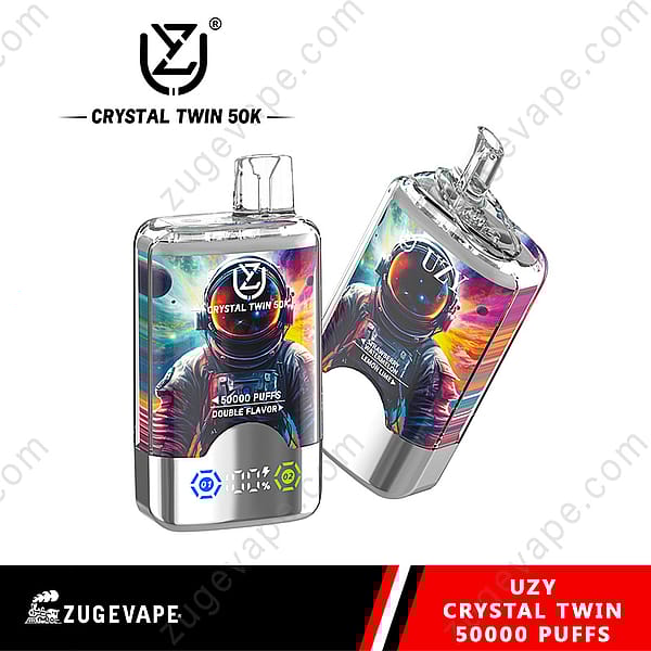 Two Uzy Crystal Twin 50K Vape Devices Featuring Vibrant Astronaut-Themed Artwork, Boasting 50,000 Puffs And Dual Flavors, Displayed On A Colorful Background.