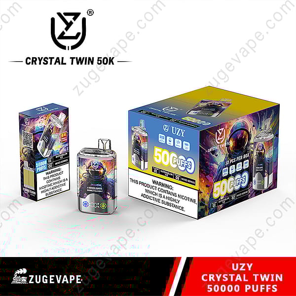 Promotional Image For The Uzy Crystal Twin 50K Product, Showcasing Its Packaging, Vape Device Design, And A Box Containing Multiple Units, Highlighting Features Like 50,000 Puffs And Flavored Options.