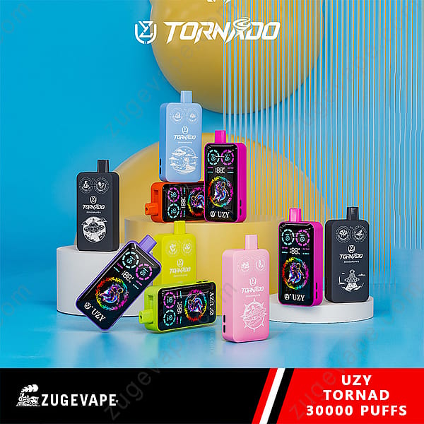 A Colorful Arrangement Of Uzy Tornado Vape Devices, Featuring Various Designs And Colors, Displayed On White Platforms Against A Vibrant Blue And Yellow Background With Branding Text, &Quot;Uzy Tornado 30000 Puffs.&Quot;