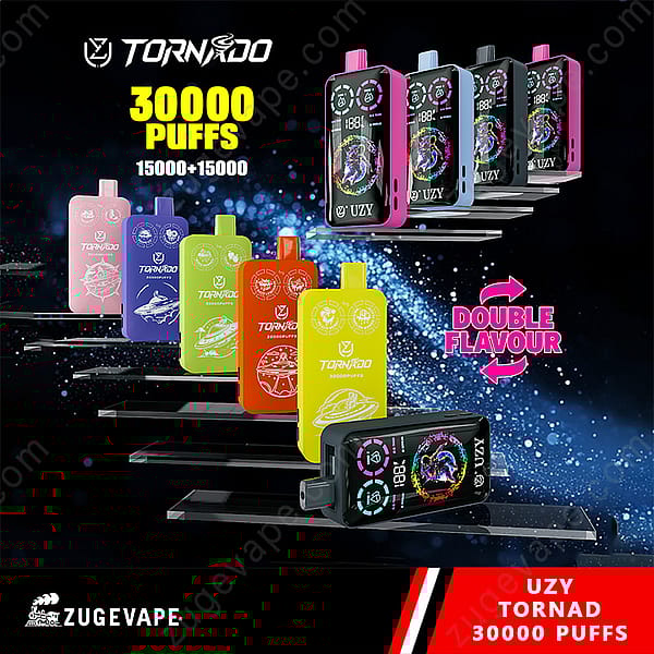 Promotional Image Showcasing Uzy Tornado Disposable Vapes With 30,000 Puffs And Double Flavor, Available In Various Colors And Designs.