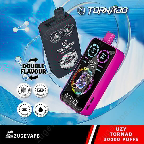Advertisement For Uzy Tornado Vaping Device Featuring Dual Mesh Coil, 850Mah Battery, Type-C Charging, And 30,000 Puffs Capacity With A Focus On Double Flavor Options.