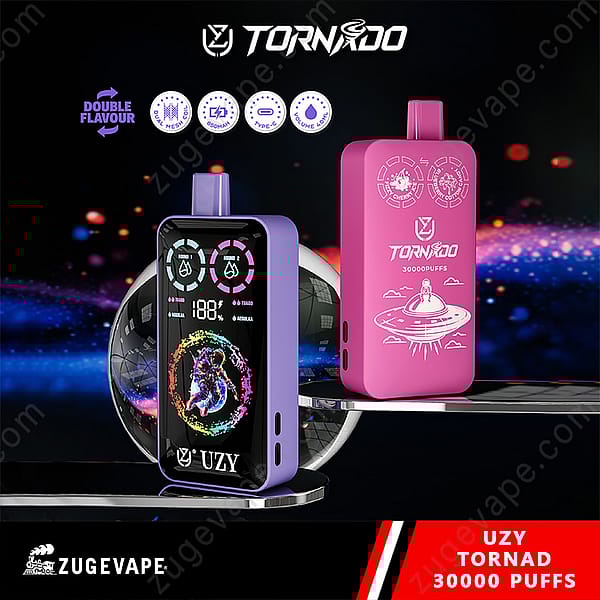 Two Colorful Electronic Vaping Devices Branded As 'Tornado Uzy' Shown With Digital Displays And Space-Themed Designs, Promoting Double Flavor Capabilities And 30,000 Puffs.