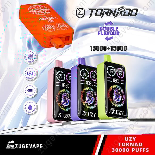Promotional Image Featuring Uzy Tornado Vaping Devices In Colorful Designs Advertising Double Flavor And 30,000 Total Puffs With Key Features Like Dual Mesh Coil And Type-C Charging.