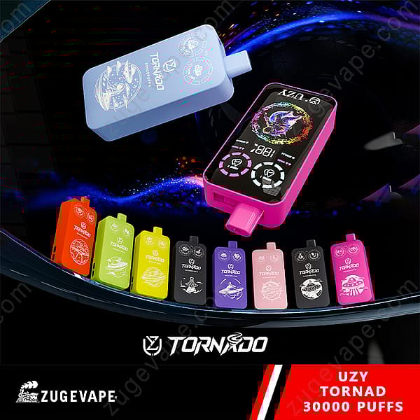 Colorful Variety Of Uzy Tornado Vape Devices, Each Capable Of 30,000 Puffs, Displayed Against A Dynamic Backdrop, Highlighting Different Flavors And Digital Features.