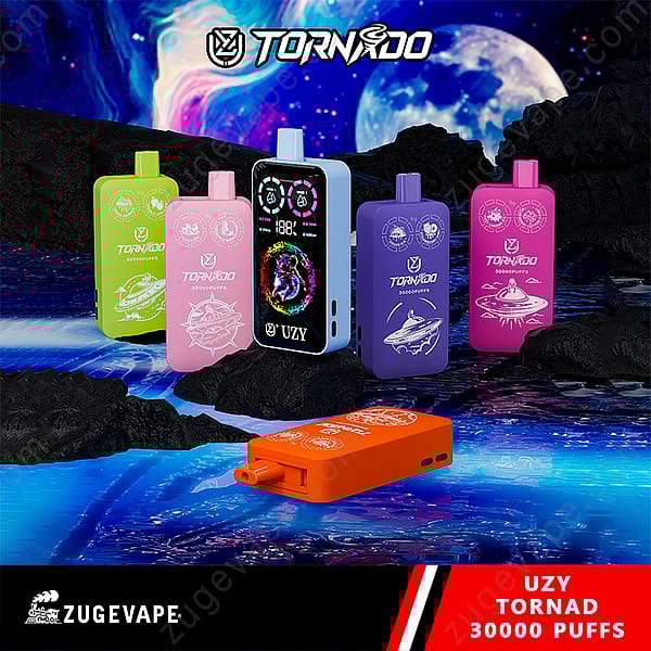 Colorful Tornado Vape Devices With Different Designs Displayed Against A Cosmic Backdrop, Showcasing Their Disposable Model Capable Of 30,000 Puffs.