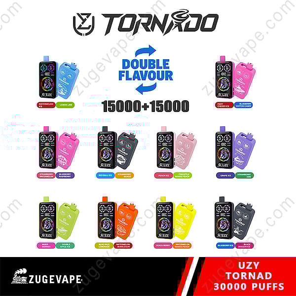 Promotional Image Showing The Tornado Uzy Vape Devices Featuring Double Flavors, Totaling 30,000 Puffs, And Displayed In Various Vibrant Models And Colors With Flavor Labels.