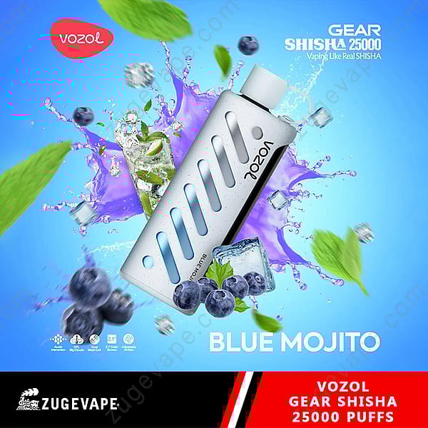Promotional Image For The Vozol Gear Shisha 25000 Puffs In Blue Mojito Flavor, Showcasing A Vape Device With A White Design Accompanied By Blueberries, Mint Leaves, And Ice Cubes Against A Vibrant Blue Background.