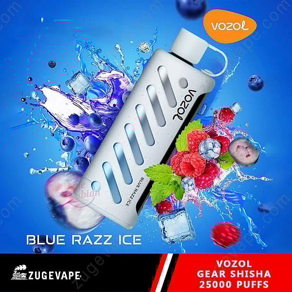 Promotional Image Of The Vozol Gear Shisha Vape Device Featuring A White Unit With A Slotted Design, Labeled 'Blue Razz Ice,' Surrounded By Splashing Colorful Berries, Mint Leaves, And Ice Cubes On A Vibrant Blue Background With Red Accents Highlighting The '25000 Puffs' Feature.