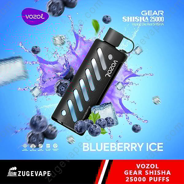 Promotional Image For Vozol Gear Shisha Featuring The Blueberry Ice Flavor With 25,000 Puffs Capacity, Showcasing A Sleek Vape Device Amidst Blueberries, Ice Cubes, And A Splash Of Purple Liquid On A Blue Background.