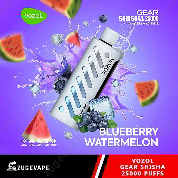 Promotional Image Showcasing A Vozol Gear Shisha 25000 Device In Blueberry Watermelon Flavor, Surrounded By Fruit Pieces, Splash Effects, And Informational Elements On A Purple Background.