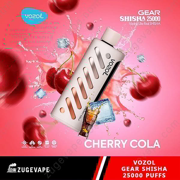 Promotional Image Of Vozol Gear Shisha Vape With Cherry Cola Flavor, Featuring A Sleek Device And Visual Elements Like Cherries, Ice Cubes, And Cola Splash On A Pink Background.