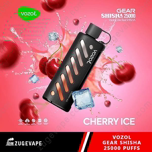 Promotional Image For Vozol Gear Shisha Vaping Device Featuring Cherry Flavor, Showing The Black Device With Red Accents Surrounded By Cherries And Ice Cubes On A Pink Background.