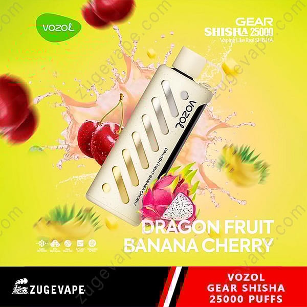 Promotional Image Featuring The Vozol Gear Shisha Vaping Device, Highlighting Flavors Like Dragon Fruit, Banana, And Cherry, Against A Vibrant Yellow Background With Splash And Fruit Details And Text Indicating 25,000 Puffs Capability.
