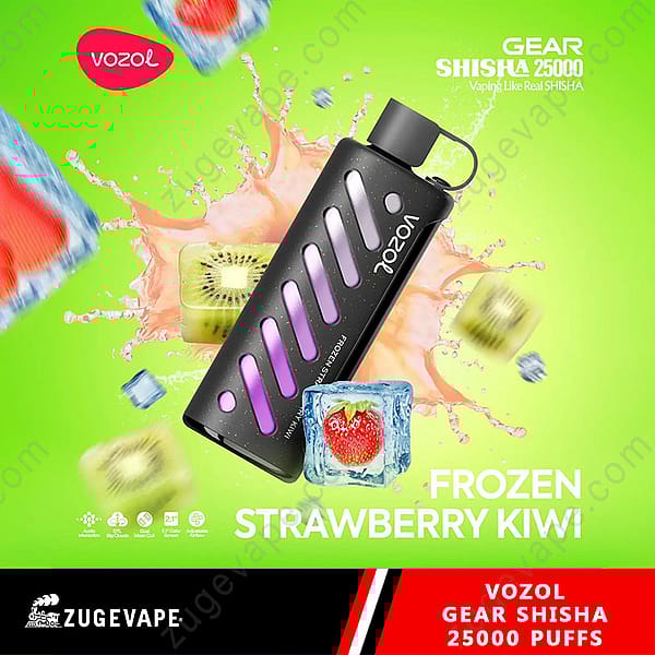 Promotional Image For Vozol Gear Shisha Highlighting The Frozen Strawberry Kiwi Flavor With Vibrant Visuals Of Kiwi And Strawberry On A Vivid Background, Promoting 25000 Puffs.