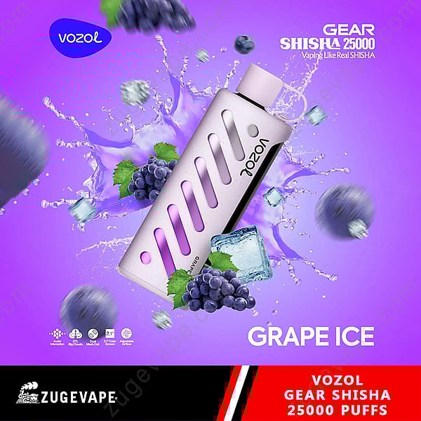 Promotional Image Displaying A Vozol Gear Shisha Device In A Purple-Themed Setting With Grapes, Ice Cubes, And Splashing Liquid, Highlighting The Grape Ice Flavor And 25000 Puffs Feature.
