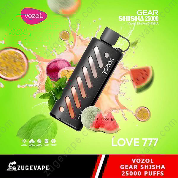 Promotional Image Of The Vozol Gear Shisha Device Featuring 25,000 Puffs, Displayed With Tropical Fruits Such As Watermelon And Passion Fruit On A Vibrant Green Background With Splashes And Text Emphasizing Product Features.
