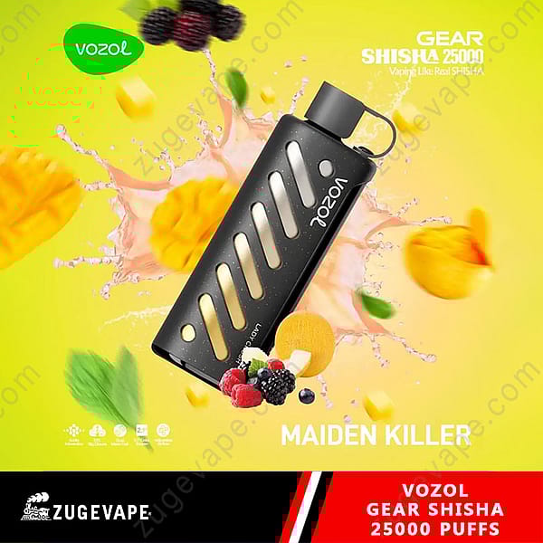 Promotional Image Of The Vozol Gear Shisha 25000 Puff Vaping Device In A Black Design With Yellow Accents, Surrounded By Vibrant Fruit Including Mangoes And Berries, Emphasizing Its Flavor Profile And Stylish Branding.