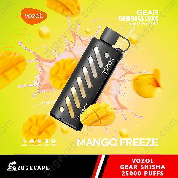 Promotional Image Showcasing The Vozol Gear Shisha Vaping Device With A Mango Freeze Flavor, Featuring A Black Device Design With Diagonal Slits, Surrounded By Vibrant Mango Slices Against A Yellow Background Highlighting The Product'S Capacity Of 25,000 Puffs.