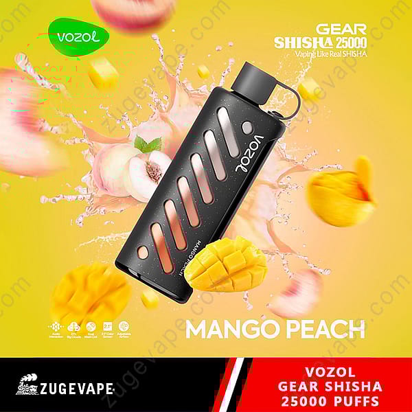 Promotional Image Showcasing A Vozol Gear Shisha With Mango And Peach Flavors, Featuring A Sleek Black Device With Highlighted Accents, Surrounded By Vibrant Fruit Visuals.