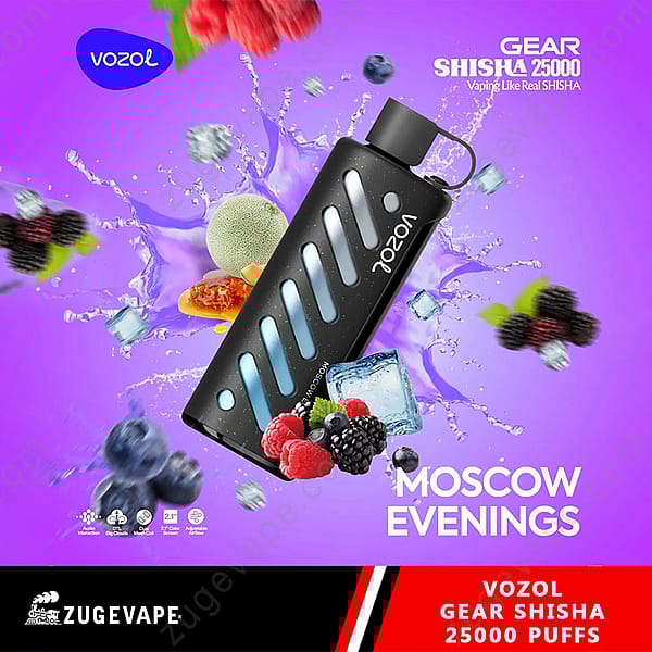 Promotional Image Of Vozol Gear Shisha 25000 Puffs Vape Device In Black Showing Colorful Fruity Mix, Ice Cubes, And The Flavor Text 'Moscow Evenings', Set Against A Purple Background With Branding 'Zugevape' Below.
