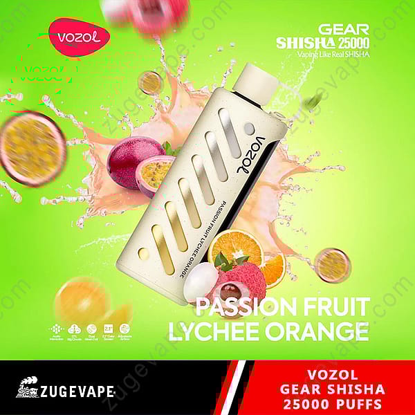 Promotional Image Featuring The Vozol Gear Shisha Vaping Device With A Passion Fruit Lychee Orange Flavor And A Green Background Showing Corresponding Fruits In A Splash Design, With The Tagline 'Vaping Like Real Shisha' And Emphasis On 25,000 Puffs.