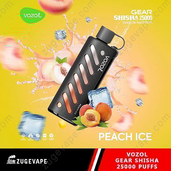 Promotional Image For Vozol Gear Shisha 25000 Puffs Featuring A Peach Ice Flavor Design With Peaches, Ice Cubes, Mint Leaves, And The Vaping Device Against A Bright Yellow Background.