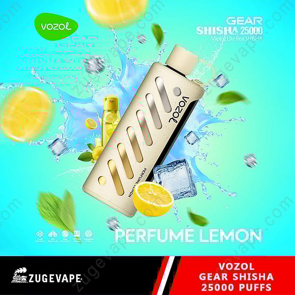 Promotional Image For Vozol Gear Shisha 25000 Puffs In The Perfume Lemon Flavor, Showcasing The Vaping Device Against A Vibrant Backdrop With Splashes Of Water, Lemons, Mint, And Ice Cubes Along With Branding Details On The Bottom.