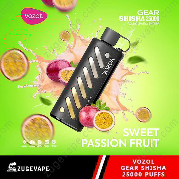 Promotional Image Showing The Vozol Gear Shisha Device With 25000 Puffs In Sweet Passion Fruit Flavor, Surrounded By Vivid Passion Fruit And Splash Effects, Set Against A Bright Green Background.