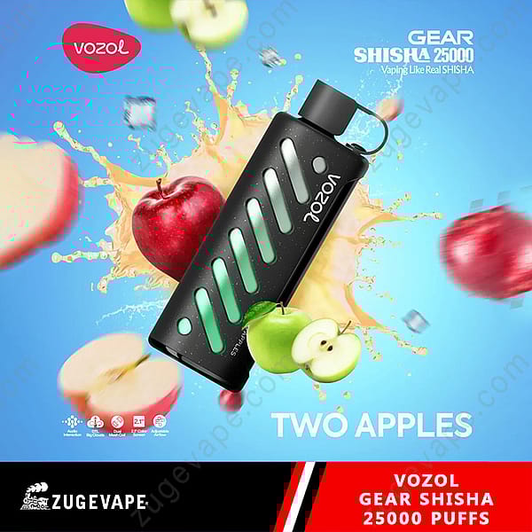 Promotional Image For Vozol Gear Shisha Featuring A Black Vape Device With Green Accents Surrounded By Splashing Juice And Apples Against A Bright Blue Background, Highlighting The 'Two Apples' Flavor And '25000 Puffs' Feature.