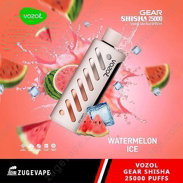 Promotional Image Featuring The Vozol Gear Shisha Vaping Device Labeled &Quot;Watermelon Ice&Quot; With Watermelons, Ice Cubes, And Splash Effects Against A Pink Background.