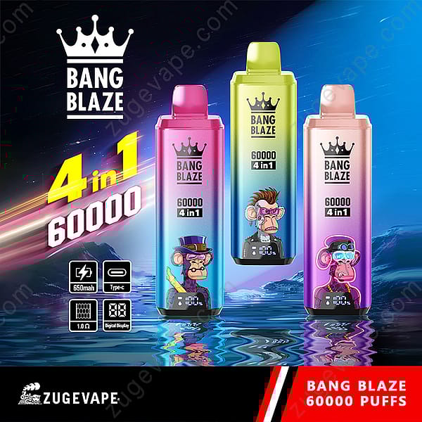 Three Colorful Bang Blaze Disposable Vape Devices Featuring Cartoon Monkeys And Product Stats Such As 60,000 Puffs, Digital Display, 650Mah Battery, And Type-C Charging, With Branding For Zugevape.