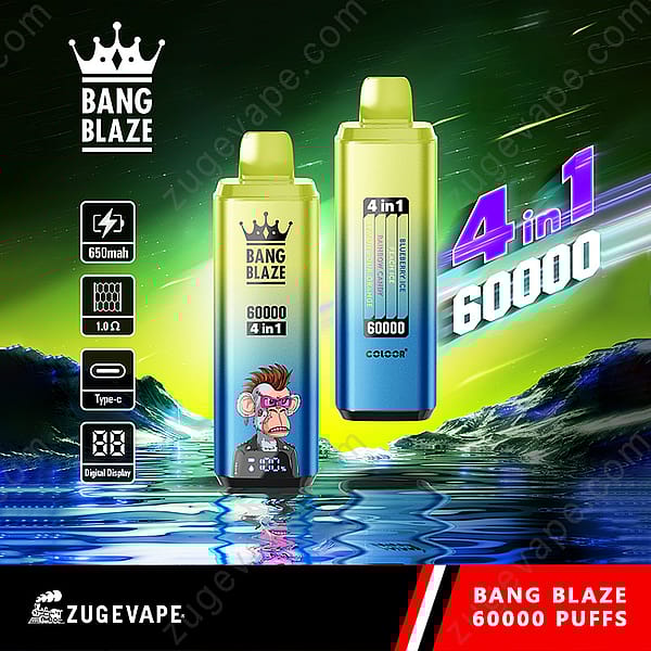 Colorful Promotional Image For The Zuge Vape Bang Blaze Vape Device Featuring Two Devices, Product Features Such As 650Mah Battery, Type-C Charging, Digital Display, And 60,000 Puffs, With A Cartoon Monkey And Vivid Background.