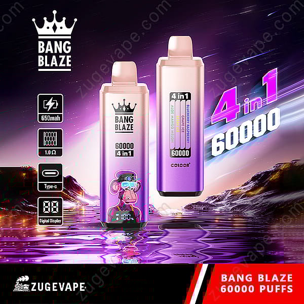 Promotional Image For The Bang Blaze Vape Showing Two Colorful Devices With The Text '4 In 1, 60000' In A Futuristic Style, Featuring Flavor Options, Battery Specs, And A Digital Display, With A Water And Mountain Background And The Zugevape Logo.