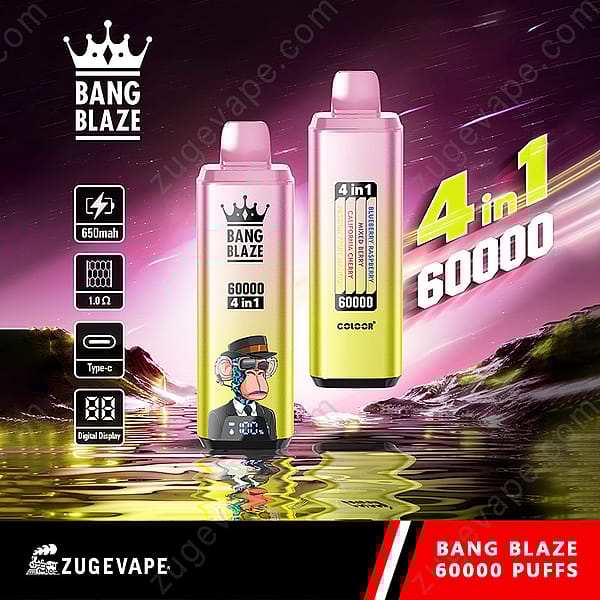Promotional Image For The Bang Blaze 4-In-1 Vape Device Featuring Two Devices With A Digital Display, 60,000 Puffs, 650Mah Battery, And Type-C Charging, Set Against A Vibrant Pink And Yellow Background.