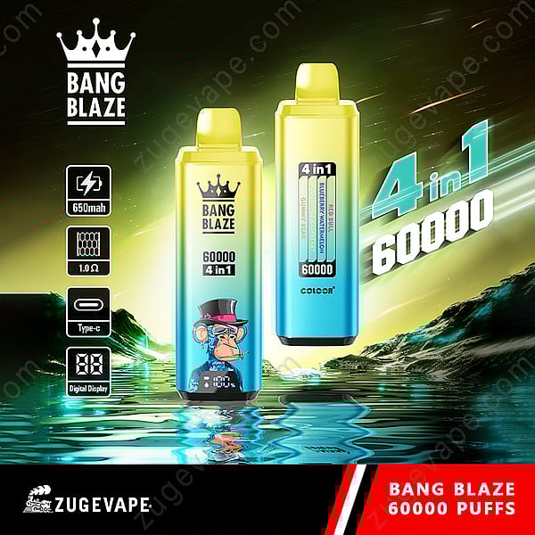 Promotional Image Of Bang Blaze 60,000-Puff 4-In-1 Disposable Vapes By Zugevape, Featuring Two Colorful Vape Devices With Product Specifications, Digital Display, And A Cartoon Monkey Wearing A Hat.